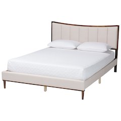 Nikolai Mid-Century Channel Tufted Beige Fabric and Wenge Brown Wood Queen Bed