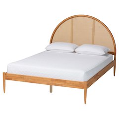 Wrenley Japandi Oak Brown Wood Queen Bed with Antique Rattan