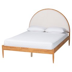 Dawson Japandi Cream Teddy Fabric and Oak Brown Wood Queen Bed