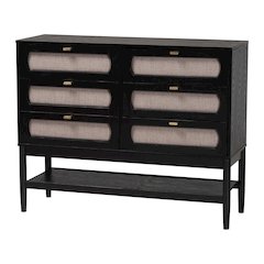 Shirin Mid-Century Beige Fabric and Black Wood 6-Drawer Dresser