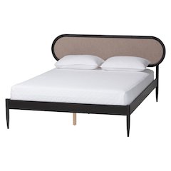 Shirin Mid-Century Beige Fabric and Black Wood Queen Platform Bed