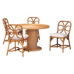 5-Piece Dining Set -Round Wicker Table,Pedestal Base, 4 Side Chairs, Light Honey
