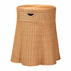 Scalloped Natural Rattan Console Table with Drawer, Round