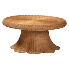 Natural Rattan Round Coffee Table with Scalloped Pedestal Base