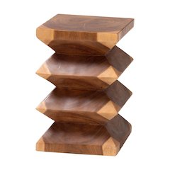 Solid Suar Wood Side Table - Hand-Carved Sculptural End Table with Zigzag Design