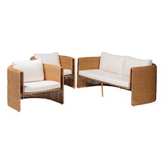 Natural Rattan 3-Piece Living Room Set - Lounge Sofa and Armchairs