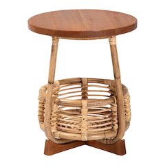 Derenik Natural Rattan and Mahogany Wood End Table - Boho Accent Side Table