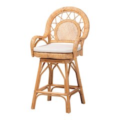 Natural Rattan Counter Stool with Cushion - Handwoven Wicker Swivel Bar Chair