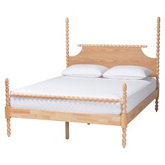 Four-Poster Platform Bed - Wooden Bed Frame, Natural Brown, Queen