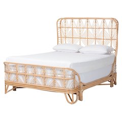 Rattan Bed Frame with Openwork Geometry Headboard and Footboard, Queen