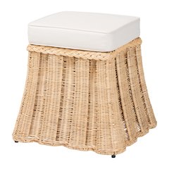 Natural Rattan Ottoman with Cushion - Handwoven Wicker Pleated Skirt