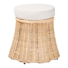 Round Natural Rattan Ottoman with Cushion - Handwoven Wicker Pleated Skirt