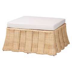 Natural Rattan Ottoman with Cushion - Handwoven Wicker Pleated Skirt