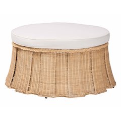 Round Natural Rattan Ottoman with Cushion - Handwoven Wicker Pleated Skirt