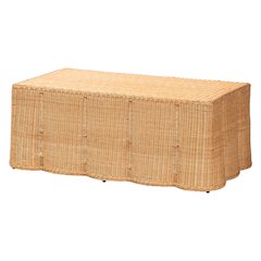 Scalloped Rattan Coffee Table - Handwoven Wicker Rectangle Accent Table