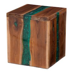 Teak Wood Epoxy Resin End Table - Live Edge Cube Side Table