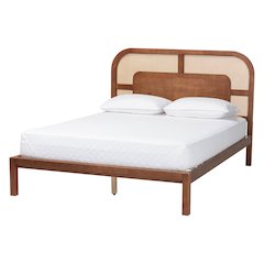 Wood Platform Bed - Low Profile Bed Frame, Decorative Rattan Weave Inlay, Queen