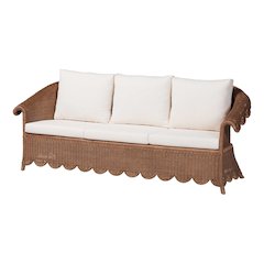 Natural Rattan Sofa with Cushion - Handwoven Wicker Settee with Rolled Arms