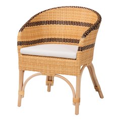 Rattan Dining Chair with Cushion - Barrel-Back Accent Chair with Synthetic Woven