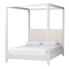 Boucle Upholstered Canopy Bed - Platform Bed with Tufted Headboard, Cream, Queen