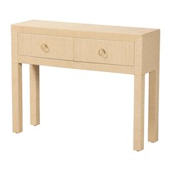 Grasscloth 2-Drawer Console Table - Woven Texture Entryway Table, Light Brown
