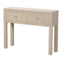 Grasscloth 2-Drawer Console Table - Woven Texture Entryway Table, Beige