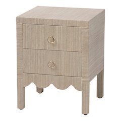 Grasscloth Nightstand with Scalloped Base - Woven Texture 2-Drawer Bedside Table
