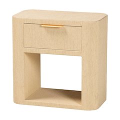 Grasscloth 1-Drawer Nightstand with Open Shelf - Woven Texture Bedside Table