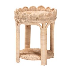 Rattan End Table - Handwoven Wicker 2-Tier Side Table with Scalloped Border