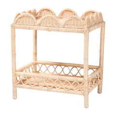 Rattan End Table - Handwoven Wicker 2-Tier Side Table with Scalloped Border