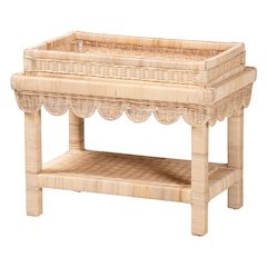 Scalloped Rattan End Table with Removable Tray Top-Handwoven Rattan Accent Table