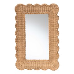 Makoto Scalloped Natural Rattan Wall Mirror, Handwoven Wicker Rectangle Frame