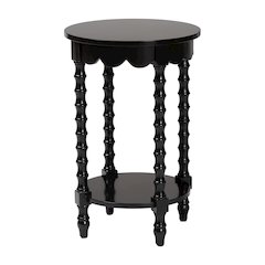 Round Nightstand with Bamboo Legs - Scalloped Bedroom Side Table, Shelf, Black