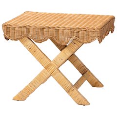Modesta Natural Rattan Accent Bench Seating with Scalloped Apron, X-Frame Base