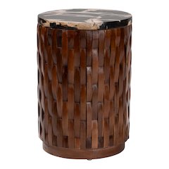 End Table with Petrified Wood Top, Accent Side Table, Recycled Teak Wood Frame