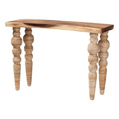 Teak Wood Console Table with Seagrass and Bobbin Legs, Narrow Entryway Table