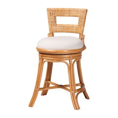Amina Natural Rattan Counter Wicker Stool with Swivel Seat, Upholstered Cushion