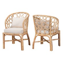 Natural Rattan 2-Piece Dining Chair Set with Bubble Frame, Wicker Accent Chair