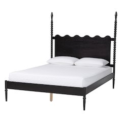 Platform Bed Frame with Scalloped Headboard and Turned Posts, Black, Queen