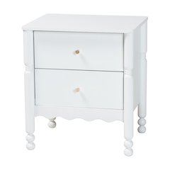 2-Drawer Bedside Table with Scalloped Apron and Turned Legs for Bedroom, White