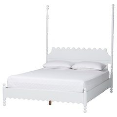 Platform Bed Frame with Scalloped Design and Turned Posts, White, Queen