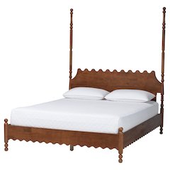 Platform Bed Frame with Scalloped Design and Turned Posts, Walnut Brown, Queen
