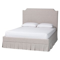 Platform Bed with Pleated Skirt, Upholstered Bed Frame, Panel Headboard, Queen