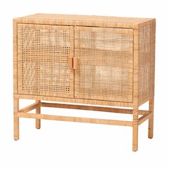 2-Tier Wicker Accent Cabinet with Double Doors and Elevated Base, Natural Brown