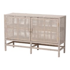 2-Tier Wicker Accent Cabinet with Double Doors and Elevated Base, French Grey