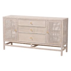 Natural Rattan Storage Cabinet, Interior Shelving and Elevated Base, French Grey