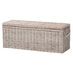 Clarette Whitewashed Rattan Storage Bench - Wicker Trunk with Lift-Top Lid