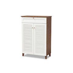 White and Walnut Finished 5-Shelf Wood Shoe Storage Cabinet with Drawer