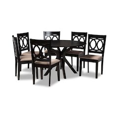 Sand Fabric Upholstered and Dark Brown Finished Wood 7-Piece Dining Set