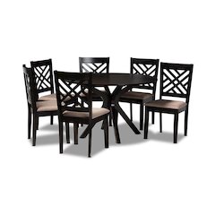 Sand Fabric Upholstered and Dark Brown Finished Wood 7-Piece Dining Set